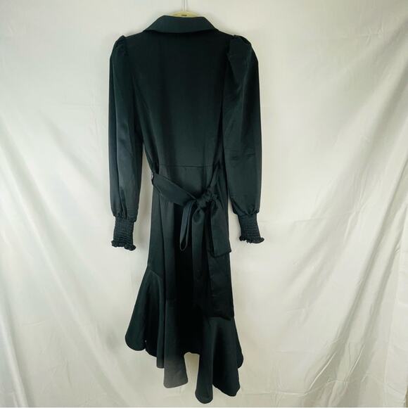 EUC‎ Rachel Parcell Long Sleeve Hammered Ruffled Satin Wrap Dress Black size XXS - Picture 11 of 12